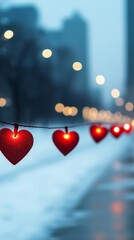 A city Valentines Day background with iconic landmarks lit up in red and pink glowing heart decorations strung across the streets and light snowfall 