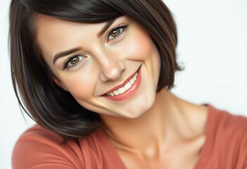 Naklejka premium Woman with short dark hair smiling with subtle expression
