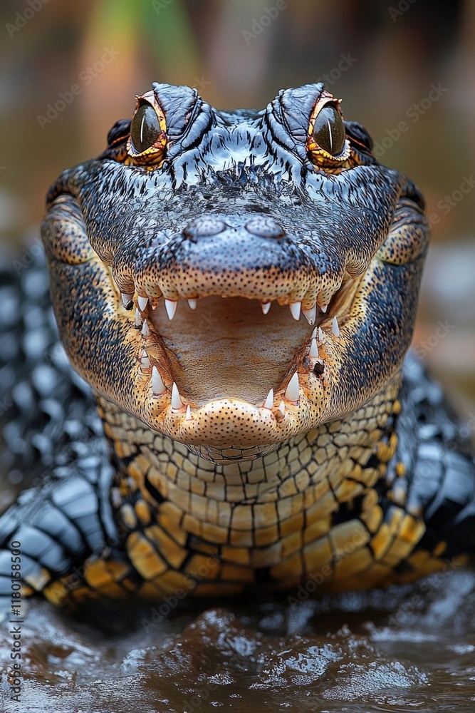 Poster a close-up photo of an alligator's open mouth, showcasing its sharp teeth and powerful jaws