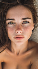 Naklejka premium Sunlit Portrait of a Young Woman Relaxing on the Sand in a Bikini, Capturing Summer Beauty and a Serene Beach Atmosphere