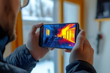 Technician using thermal imaging camera on smartphone to detect heat loss in house