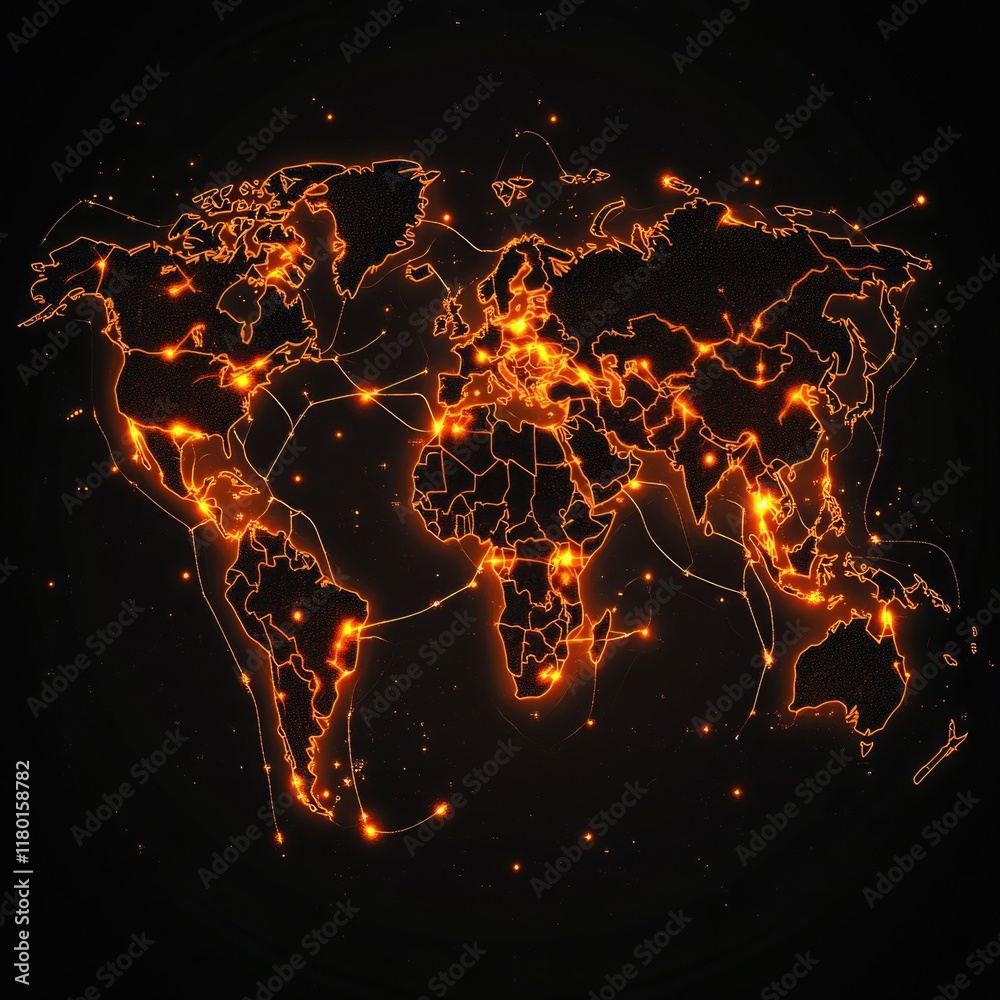 Poster a map of the world at nighttime with orange lights, ideal for visualizing global connectivity or hig