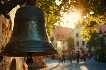Obraz premium A large bell hanging from the ceiling of an outdoor street in summer, with people walking around and sunlight filtering through the trees. 