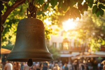 Obraz premium A large bell hanging from the ceiling of an outdoor street in summer, with people walking around and sunlight filtering through the trees. 