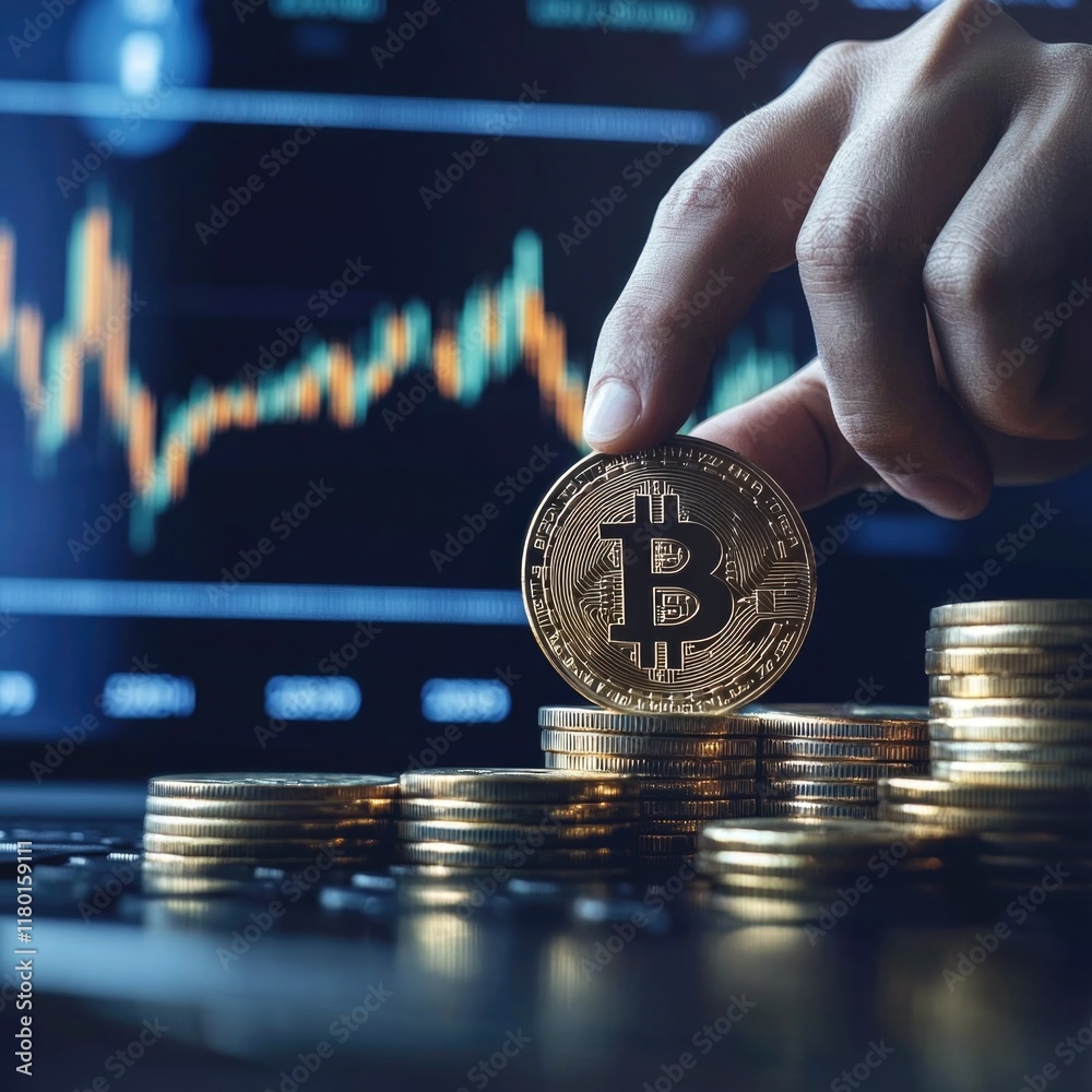 Aufkleber a person holds a bitcoin and places it on a stack of coins, with a focus on digital currency transac