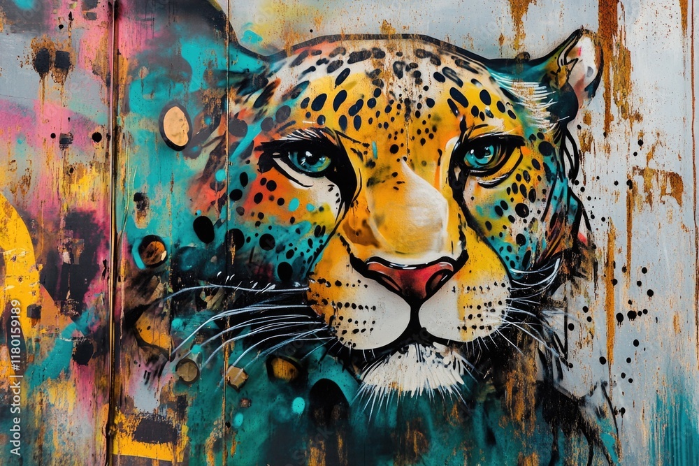 Poster close-up view of a painting featuring a leopard's face, with intricate details and realistic colors