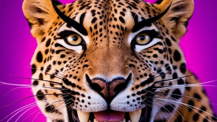Obraz premium The image features a detailed close-up view of a jaguar's face, showcasing its yellow-brown fur with black rosettes, intense amber eyes, and a hint of its open mouth with visible teeth. The animal's