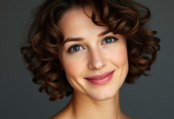 Woman with short curly brown hair and warm smile