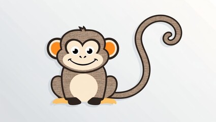 The image features a graphical cartoon illustration of a charming monkey with a playful expression. The monkey has a rounded body, rendered in shades of brown with a beige belly and face. Its ears are