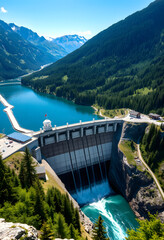 Aerial view of a dam releasing water into a lake in a mountainous landscape. Hydroelectric power, renewable energy, water resources