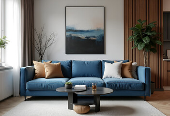 Scandinavian interior design of modern living room. Modern blue sofa with cushions