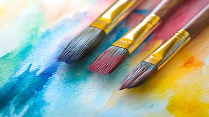 Obraz premium Three Paintbrushes Resting on a Colorful Watercolor Painting