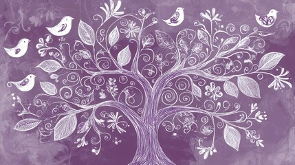 Whimsical Floral Tree with Birds, a Delicate Purple and White Line Art Design