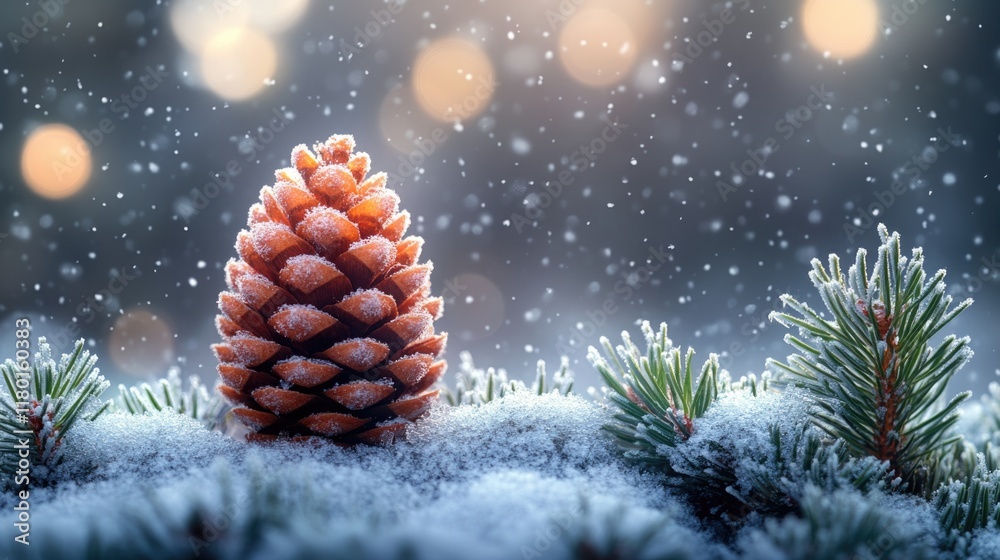 Poster A single pine cone sits on a snowy surface, isolated from the surrounding environment