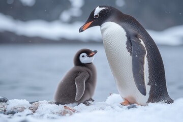 Naklejka premium A close-up of a parent penguin standing next to its young one in a snowy environment