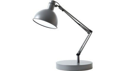 A lamp with a grey shade sits on a white background