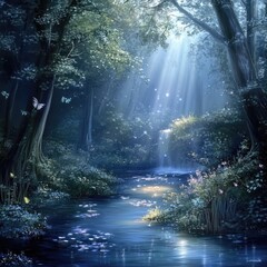 Obraz premium A serene natural scene with a stream meandering through a lush green forest