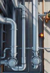 Top view of steel water piping structure with circulation pumps and valves in industrial building, clipart style, with white tones