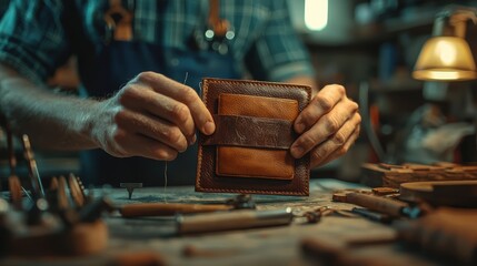 Craftsman meticulously hand-stitching a handcrafted leather wallet, showcasing intricate detail and traditional craftsmanship in a dimly lit workshop.