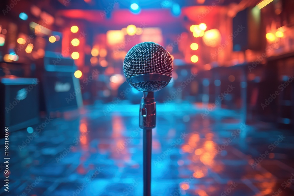Poster a microphone on a stand in front of a stage, ideal for concert or event photography