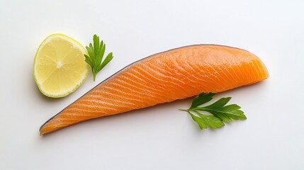 Fresh salmon fillet with lemon wedge and parsley garnish, minimalistic presentation, isolated on white background, flat lay, healthy food photography concept


