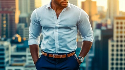 A middle-aged Black man in a crisp white shirt and slacks embodies urban sophistication in the cityscape. His attire suggests a casual yet professional lifestyle, captured during daylight.