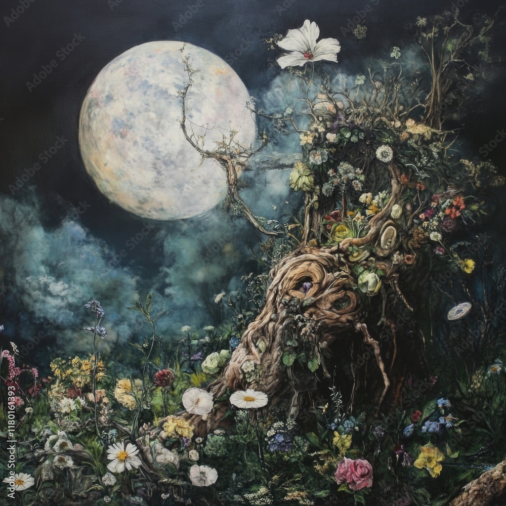 Poster A simple yet striking image of a tree with the moon shining brightly in the background, perfect for use in designs where a touch of natural elegance is needed