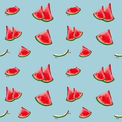 Watermelon pattern design featuring vibrant slices on a cool blue background for textile use