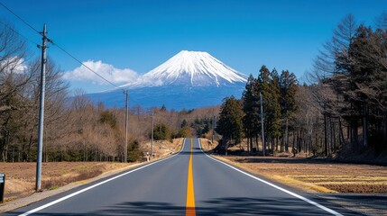 Mountain road journey, Fuji backdrop, clear sky, rural landscape, travel