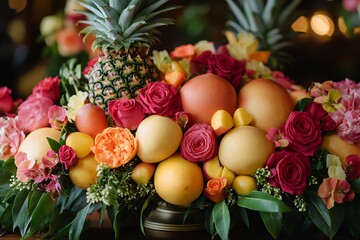 Vibrant Arrangement of Fruits and Flowers at a Festive Event in a Cozy Venue, Showcasing Seasonal Colors and Fresh Produce
