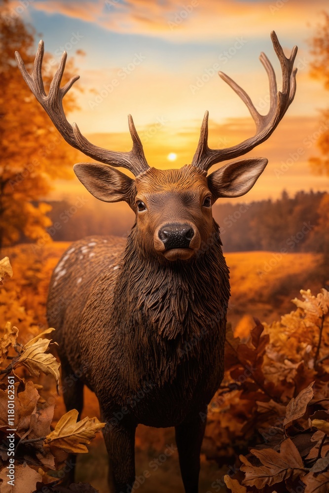 Poster A statue of a deer standing in a field with green grass and blue sky