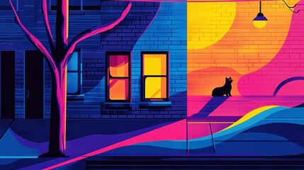  A feline resting atop a sill, gazing out at a brick structure during sunset