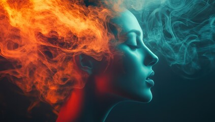 A double exposure of an abstract woman's head with colorful smoke, dark background, light cyan and amber tones, hazy, dark blue and orange hues depression concept