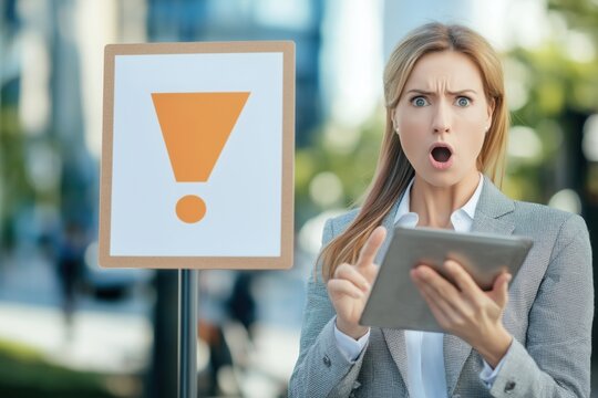 Surprised woman reacting to unexpected news while holding a tablet in an outdoor setting