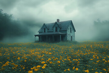  A cinematic shot of an abandoned house in a vast, overgrown field, with dramatic lighting and a moody atmosphere. 