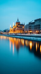 Fototapeta premium A magical Christmas Eve in Budapest with the Parliament building glowing along the Danube River snowy streets and holiday lights reflecting on the water 