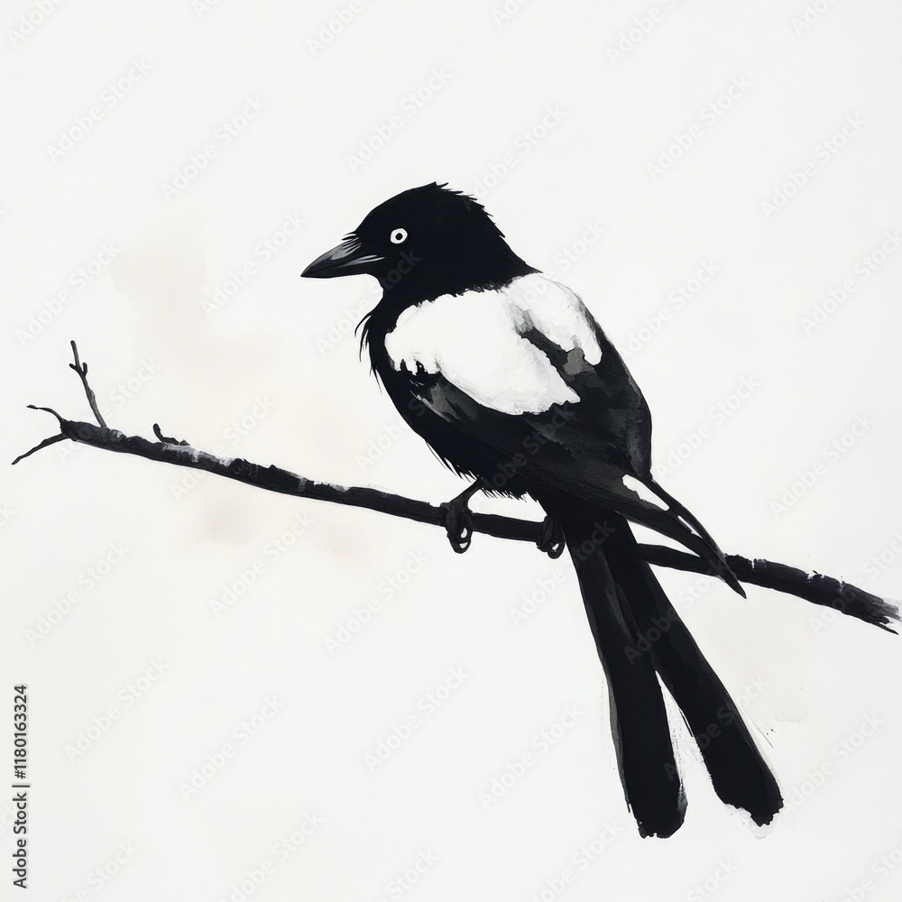 Poster A monochrome image of a bird sitting on a tree branch, showcasing its feathers and beak