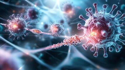 virus cells immune resistance concept. Microscopic view of viruses interacting in a digital environment.