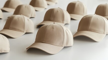Blank beige baseball caps on white backdrop, customizable for branding or logo placement.