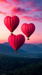Fototapeta premium A magical Valentines Day background with heart shaped hot air balloons floating over a scenic valley under a sky painted with warm pink hues 