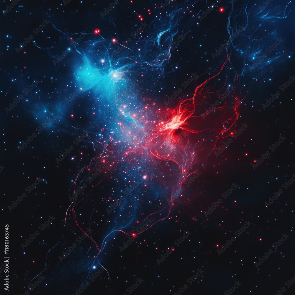 Poster a bright red and blue nebula with stars in the background, perfect for use as an astronomy or scienc