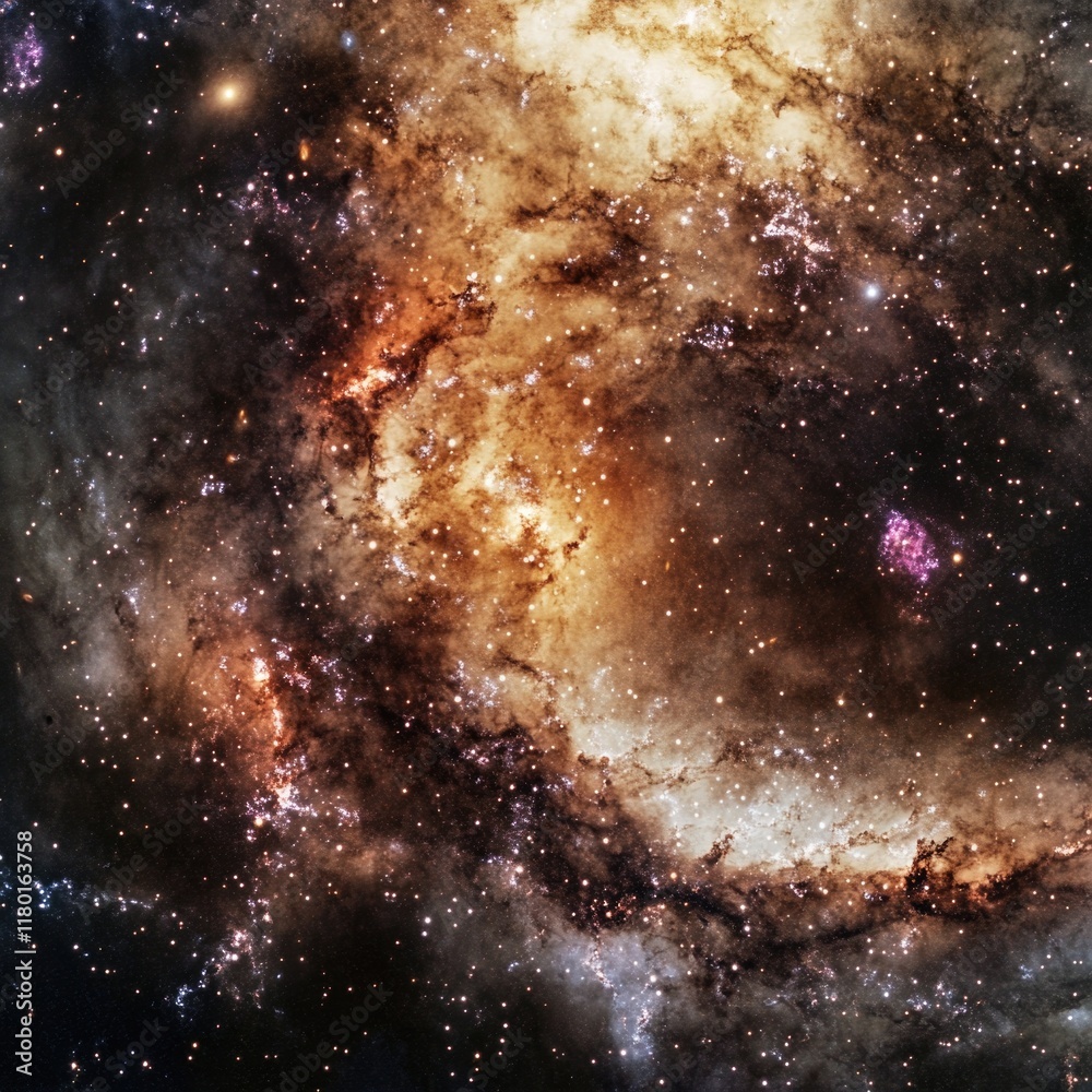 Poster a distant galaxy with a spiral-shaped object at its center, surrounded by stars and gas