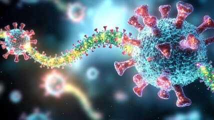 virus cells immune resistance concept. Vibrant visualization of a virus with surrounding particles in a microscopic view.
