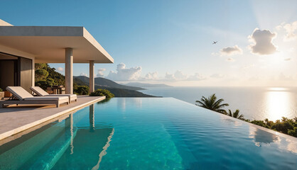 Fototapeta premium Modern villa with infinity pool overlooking ocean at sunset