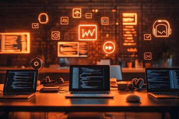 Modern Tech Workspace with Floating Icons of Digital Equipment and Symbols