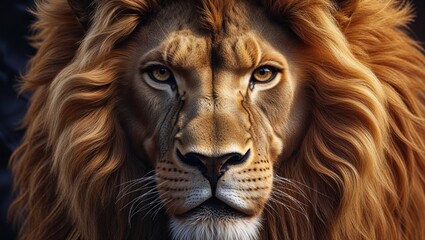 Naklejka premium A Majestic Lion with a Luxuriant Golden Mane: A Regal and Powerful Symbol of Strength, Courage, and Nobility, Captured in a Striking, Detailed Portrait of the King of the Jungle