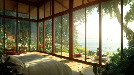 Fototapeta premium A bed sits in a spacious bedroom beside an expansive window, adorned with lush foliage and offering a tranquil view of a serene body of water