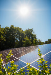 Solar panels in a field on a sunny day with trees in background. Renewable energy, clean power, photovoltaic technology, sustainability