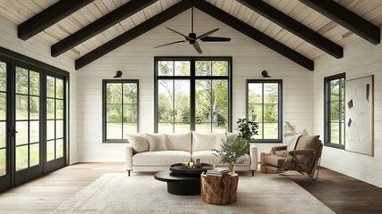   A spacious living room boasts a cozy couch, stylish armchair, sturdy coffee table, and an elegant ceiling fan as its centerpiece