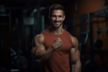 Fototapeta premium Portrait of a smiling bodybuilder showing his biceps in a gym